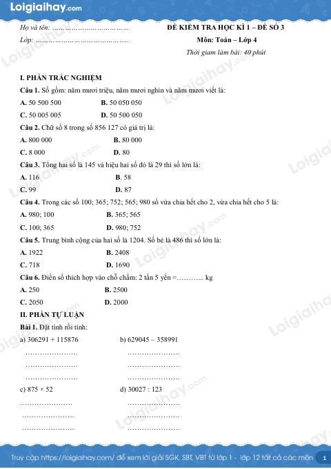 Đề số 3 - Đề kiểm tra học kì 1 - Toán lớp 4